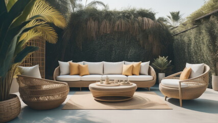 Poolside lounge with rattan sofa with ornaments pillows