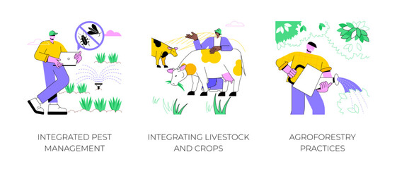 Sustainable agriculture plant cultivation isolated cartoon vector illustrations set. Integrated pest management, integrating livestock and crops, agroforestry practices vector cartoon.