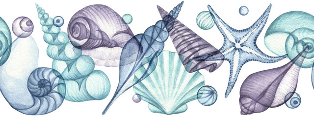 Watercolor nautical seamless border, blue transparent nautilus, starfish, shells and bubbles - obrazy, fototapety, plakaty