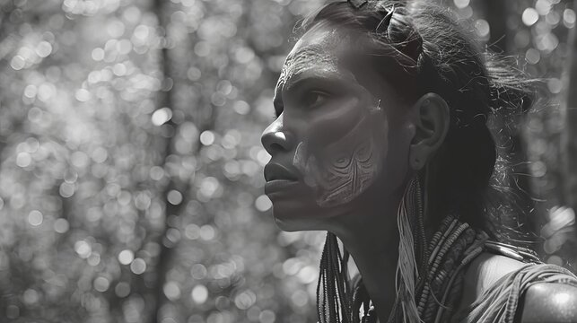 black white photo of a mysterious woman with a tribal tattoo on her face.