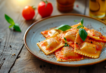 Closeup ravioli with tomato sauce, parmesan cheese, and basil on a plate, on top of a wooden table, tomatoes and olive oil in the background