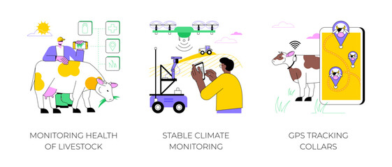 Fototapeta premium Smart farming isolated cartoon vector illustrations set. Monitoring health of livestock, stable climate monitoring, GPS tracking collars, IoT technology, modern agriculture vector cartoon.