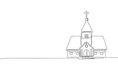 One line continuous church. Line art church isolated on white background. Hand drawn vector art.