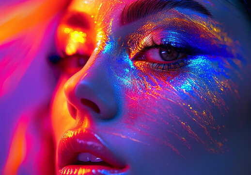 High fashion female model in colourful bright neon lights posing in studio. Close up portrait of a beautiful girl in UV. Artistic design of colourful makeup.