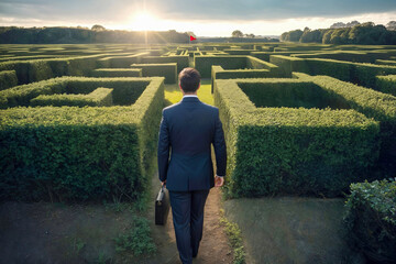Textured effect, Businessman in suit enters green garden maze, concept of overcoming obstacles on way to success - obrazy, fototapety, plakaty