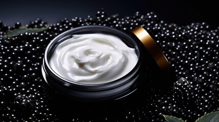 Caviar luxury cream skincare. Jar of face cream with black caviar extract on black background. Facial cream black caviar. Cosmetics beauty caviar product. New trend