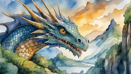 Foto op Plexiglas Watercolor drawing for children of a fairytale dragon. Animals watercolor illustration © Giuseppe Cammino