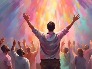 Fototapeta na wymiar The man raises his hands to praise and glorify God. A man rejoices against the backdrop of an oil painting with a colorful pastel pattern. Generative AI