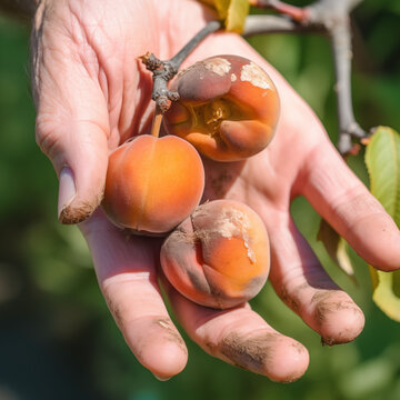 woman holds a rotten, spoiled crop, overripe apricot with dirty peel. protecting apricot fruits harvests from mold, fungus, decay and desease parasite for food waste decomposition concept