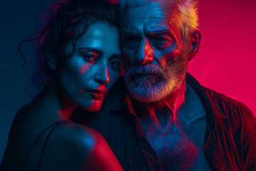 Portrait of a couple in neon light. Young handsome man and beautiful woman.