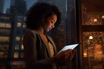 Focused Professional: Businesswoman with Tablet in Cityscape