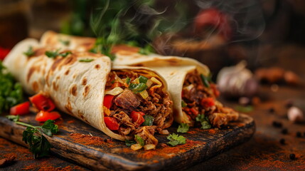 burritos with meat, vegetables and garlic, shawarma, kebab - obrazy, fototapety, plakaty