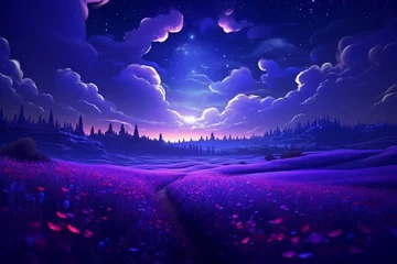Schilderijen op glas Surreal landscape of neon violet lavender fields under a starry sky, radiating a peaceful and romantic vibe. © Haani