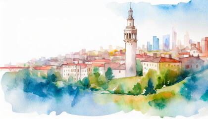 Obraz premium Watercolor painting of a landscape with a city with a tower, copyspace on a side