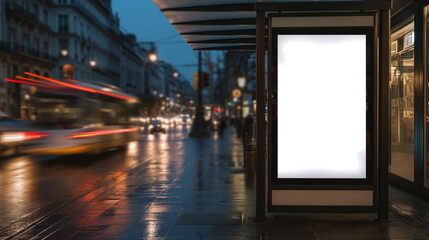 White bus stop billboard poster in a station with cars in moving in the background, Front view, mockup concept blank poster, city traffic - obrazy, fototapety, plakaty