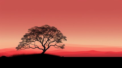 Obraz premium Silhouetted tree against vibrant red sunset sky with rolling hills minimalist nature art
