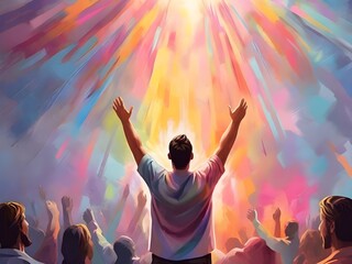 Fototapeta na wymiar The man raises his hands to praise and glorify God. A man rejoices against the backdrop of an oil painting with a colorful pastel pattern. Generative AI