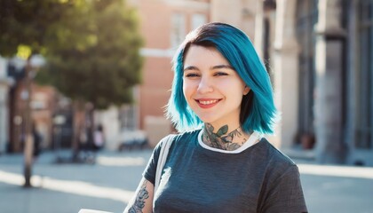 Fototapeta premium millennial female with blue hair and tattoos smiling on sunny street 