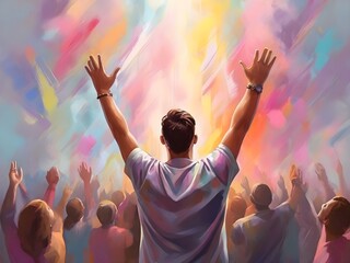 The man raises his hands to praise and glorify God. A man rejoices against the backdrop of an oil painting with a colorful pastel pattern. Generative AI - obrazy, fototapety, plakaty