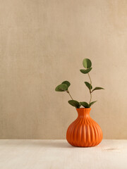 Green leaves branch in vase on wooden table. Copy space. Minimalist interior mock up in scandinavian style. - 715845318