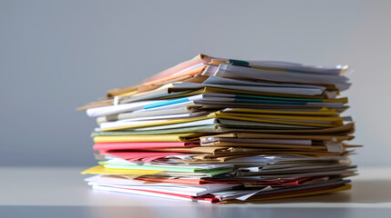 Stack of assorted colorful papers and folders, likely representing organization, administration, or paperwork.