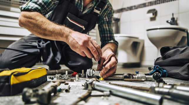 Plumber at work, fitting pipes on a bathroom floor with various plumbing tools