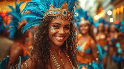 Beautiful young dancer in carnival costume inspired by Brazilian parade culture 