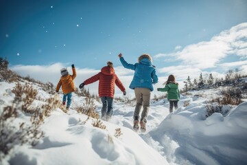 Energetic children and their guardian throw snow into the air, playing joyfully on a bright, snowy hillside - obrazy, fototapety, plakaty