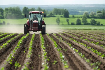 In this captivating scene, a skilled farmer drives a rugged tractor across a fertile field. The tractor's wheels leave tracks in the soil as it moves steadily forward