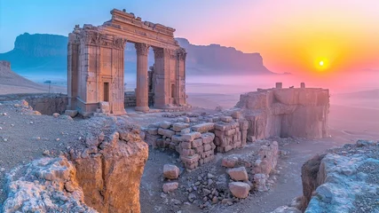 Acrylic prints Old building Ruins on ancient Greek temple on top of mountain during sunrise