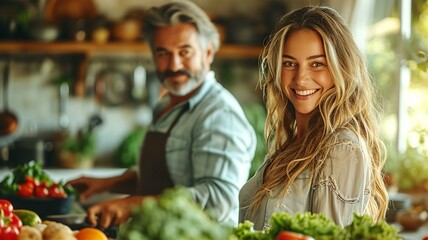 Young woman and her father are cooking together on kitchen