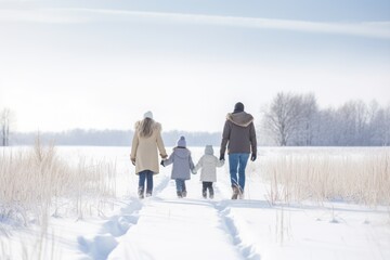 family back view as they walk hand in hand, leaving footprints on a pristine snow covered trail, bathed in the soft glow of a serene winter day