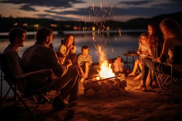 family and friends gather around a crackling fire by the lake, sharing stories under the evening sky - obrazy, fototapety, plakaty