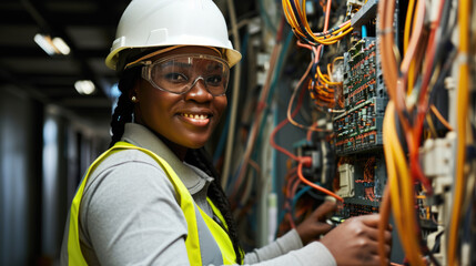 A professional female electrician is smiling while working on a complex electrical panel