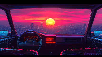 80s retro illustration of a car driving with sunset view, exuding synthwave 80s vibes.