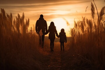 family walks through a wheat field, silhouetted against the fiery sky of the setting sun, embracing the calm of the evening