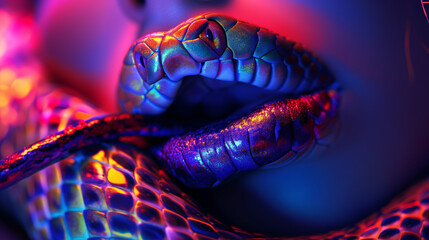 Iridescent snake coils in cyber hues, ideal for edgy fashion prints and tech-themed graphics - obrazy, fototapety, plakaty