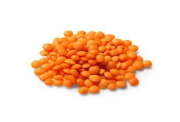 Pile of raw red lentils isolated on white