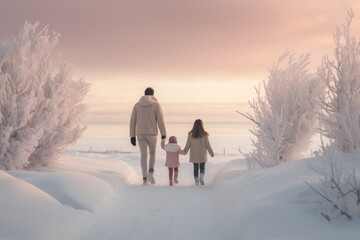 Father and his children walking away on a snow laden path, enveloped by a soft winter sunset and frosted trees