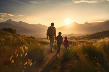 Fototapeta na wymiar father leads his two children on a serene hike, the setting sun casting a golden glow over the majestic mountainscape