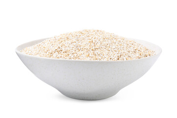 Dry barley groats in bowl isolated on white