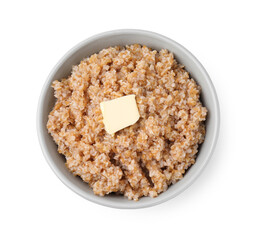 Tasty wheat porridge with butter in bowl isolated on white, top view