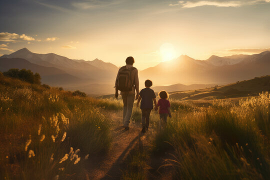father leads his two children on a serene hike, the setting sun casting a golden glow over the majestic mountainscape