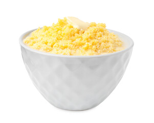 Tasty cornmeal with butter in bowl isolated on white
