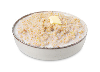 Tasty wheat porridge with milk and butter in bowl isolated on white