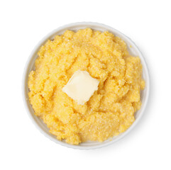 Tasty cornmeal with butter in bowl isolated on white, top view
