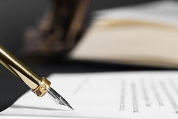 Writing on document with fountain pen at table, closeup and space for text. Notary contract