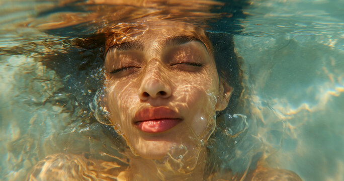 a close-up face photo portrait of a beautiful pretty model woman swimming under the water