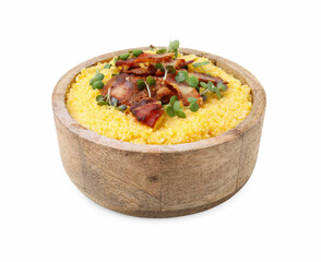 Cooked cornmeal with bacon and microgreens in wooden bowl isolated on white