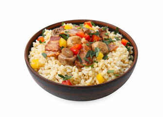 Cooked bulgur with vegetables, fried bacon and mushrooms in bowl isolated on white